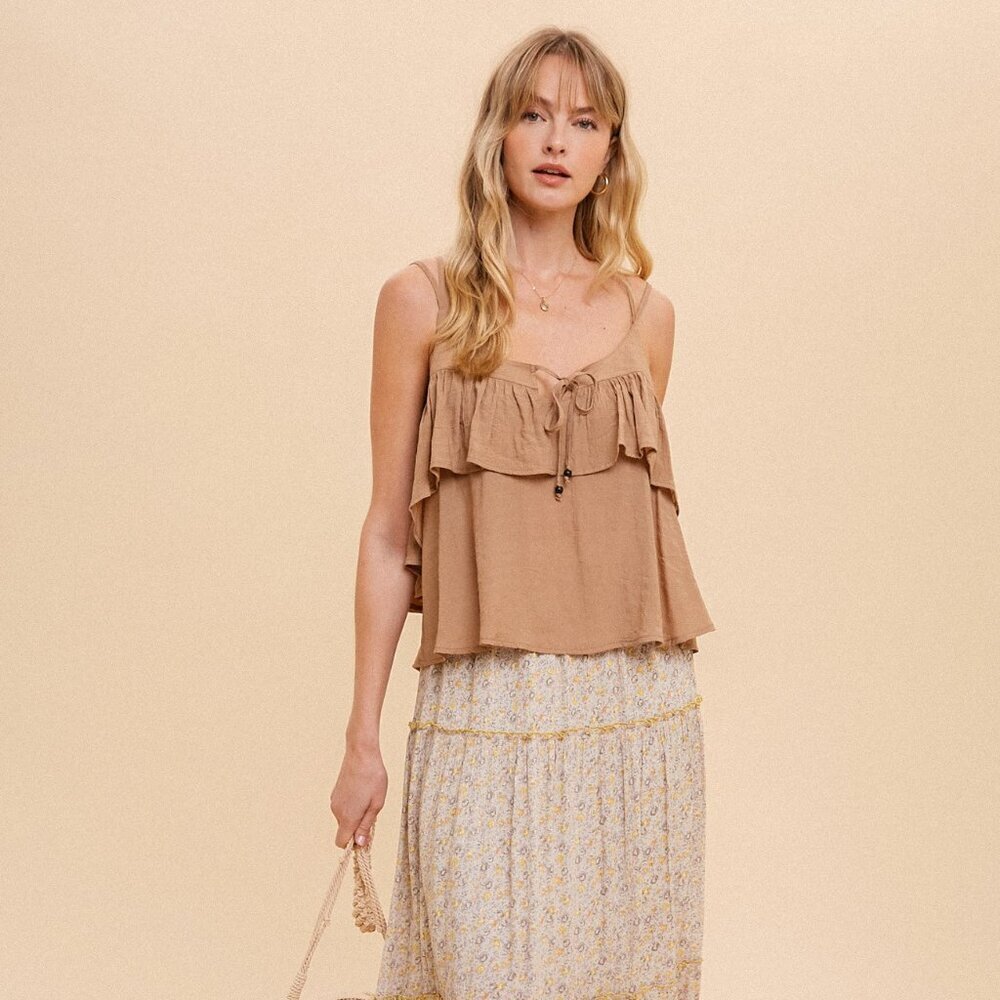 HEM & THREAD Taupe Ruffle Tiered Cami Top, Adjustable Strap Boho Layered Tank